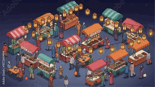 Isometric Night Market Scene with Food Stalls and Glowing Lanterns