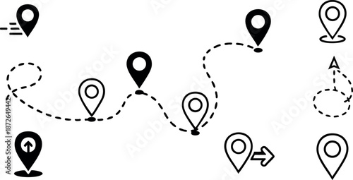 Location pointers icons with dashed route lines showing navigation direction and movement tracking vector illustration