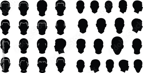Man heads silhouette collection in various haircuts and angles for profile or avatar creation