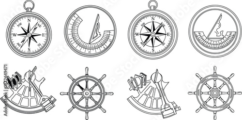 Marine navigation elements illustration set, featuring compass, sundial, sextant and ship's wheel, line art