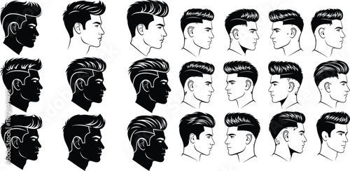 Men hairstyle set, side view portraits in solid and line art style