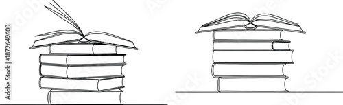 Minimalist continuous line drawing of book stacks with open book at top, education concept