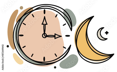 Modern Boho Ramadan Kareem Illustration with Clock Crescent Moon and Abstract Shapes for Suhoor and Prayer Time Background
