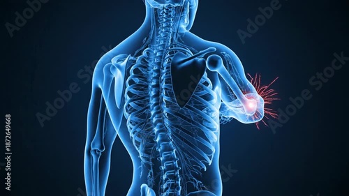 Medical illustration of human arm showing pain in elbow joint