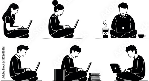 People working and studying on laptops in various seated positions vector collection black and white digital design