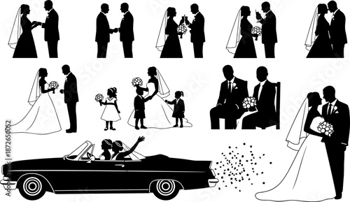Wedding silhouettes set, vector illustration of bride and groom in various poses, including ceremony, children, and a celebratory car ride, black and white minimal icons.