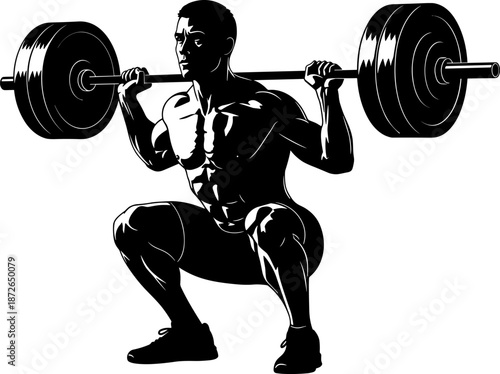 Weightlifting squat athlete silhouette illustration, muscular man performing barbell strength exercise, fitness bodybuilding training concept, powerful black vector isolated on white background