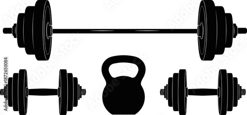 Weightlifting Barbell, Dumbbell, and Kettlebell Black Silhouette Vector Set, Gym Fitness Equipment and Bodybuilding Training Tools, Strength Exercise and Heavy Workout Graphic Elements.