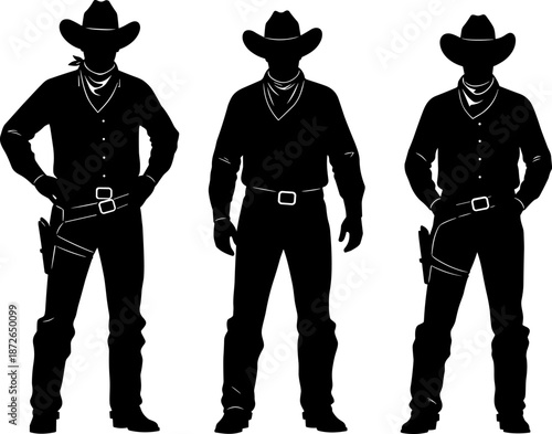 Western cowboy silhouette vector illustration, three armed ranch men standing, classic outlaw pose, vintage Wild West gunfighter character design