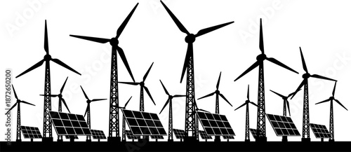 Wind Farm Silhouette Vector Illustration, Renewable Energy Concept, Clean Sustainable Future, Ecology, Horizontal Lineup, Endless Turbine Field, Eco-Friendly Power Generation, Perspective View