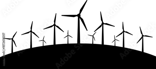 Wind Power Station Black Vector Silhouette, Horizon Landscape with Multiple Windmills for Renewable Green Energy Production and Sustainable Future Technology Design Concept.