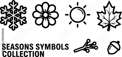 Seasons symbols collection with snowflake flower sun leaf twig acorn icons for nature and weather design vector illustration