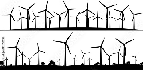 Wind Turbine Black Silhouette Set, Renewable Energy Electric Power Generation, Horizontal Banner Background, Sustainable Industry Vector Illustration Collection