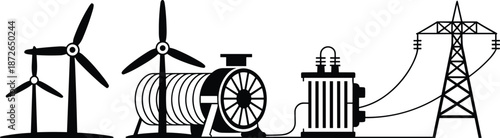 Wind turbine generator and electric power transmission system vector illustration, renewable energy production, sustainable electricity concept, clean technology, green energy industry design