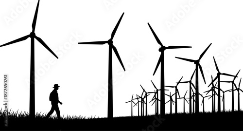 Wind turbines vector silhouette set, clean energy generation farm landscape, environmental power source, nature conservation, sustainable electricity concept graphic design isolated.