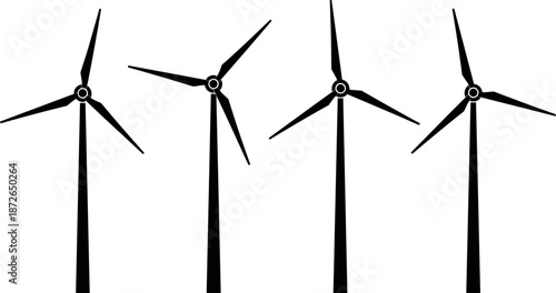 Wind Turbine Silhouette Vector Illustration Set, Renewable Energy, Clean Power Generation, Sustainable Future, Ecology, Eco-Friendly Technology, Simple Black Line Icon Graphic