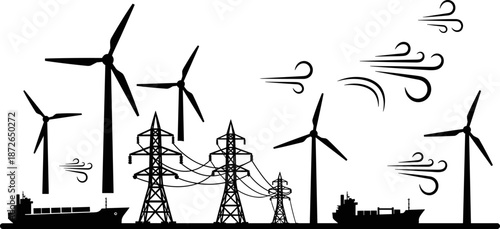 Wind Turbines, Cargo Ships, and Electricity Transmission Towers Silhouettes Illustrating Wind Power, Energy Transport, and Sustainable Resources Vector Illustration Isolated