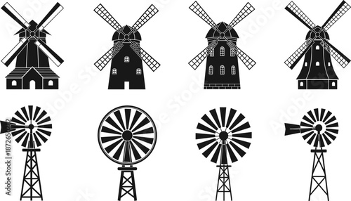 Windmill silhouette vector set, traditional rural energy structures collection, black farmhouse and water pump mills illustration, classic countryside design