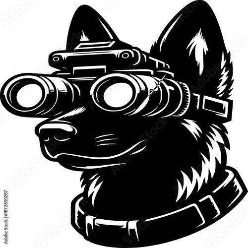 Night Vision K9: A focused K9 wears advanced night vision technology, symbolizing vigilance and the silent protection of duty.