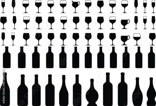 Wine bottle and glass silhouette vector illustration set, creative bird element design, bar drink collection, vintage beverage icons, restaurant graphic art