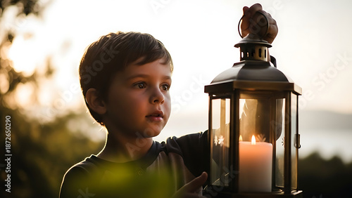 Young Boy Holding Lantern with Candle.