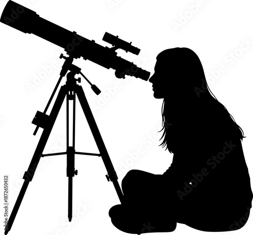 Woman using telescope silhouette vector illustration, astronomy observation concept, stargazing scientist with tripod, space exploration theme, minimal black icon, isolated background