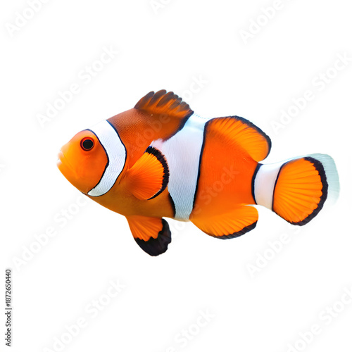 A vividly colored clownfish with a transparent background, showcasing its distinctive orange and white stripes with black outlines.