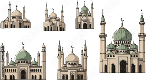 Ramadan Kareem Mosque Illustration Set with Islamic Architecture and Green Dome