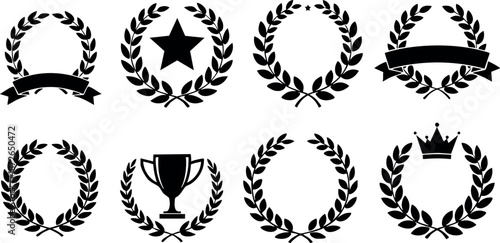 Laurel wreath vector set with various award symbols including star, trophy, and crown in black silhouette design