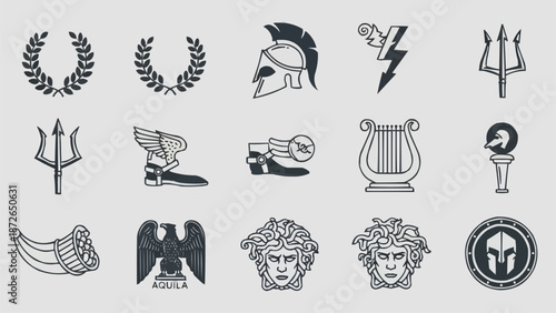 Collection of ancient Greek mythology symbols and icons.
