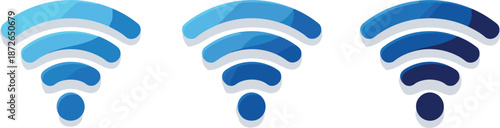 Set of modern blue wireless Wi-Fi signal icons with shadow effect for internet connectivity mobile apps and networking.