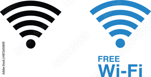 Black wireless signal icon and blue free Wi-Fi text sign vector illustration for public hotspots and internet connectivity.