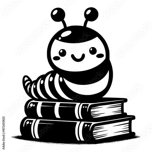 a cute, smiling worm with antennae sitting on top of a stack of books vector image illustration