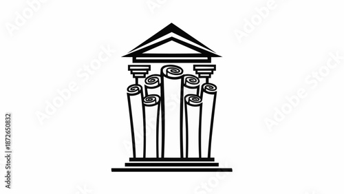 Classical Building Facade with Scrolls Illustration.