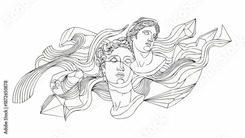 Classical Greek Sculpture Heads with Flowing Drapery Artistic Drawing.