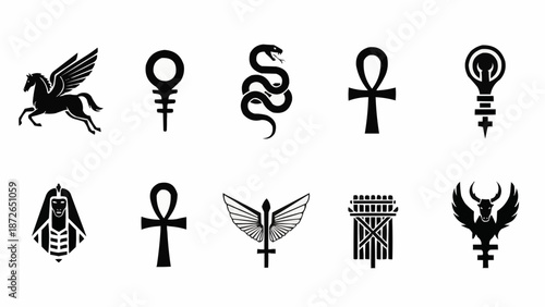 Collection of Ancient Egyptian Symbols and Mythology Icons.