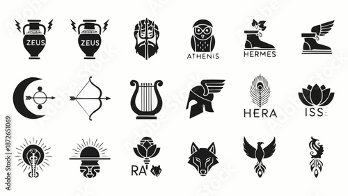 Collection of Ancient Greek and Egyptian Mythology Symbols Icons.