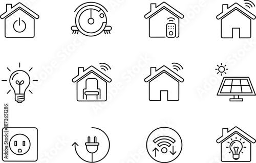 Smart home automation and renewable energy vector icon set featuring solar panels light bulbs and wireless house control.