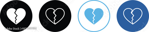 Set of broken heart icons in circular badges vector illustration for divorce relationship counseling sadness and emotional health.
