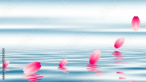 Pink Petals Floating on Serene Water Surface with Reflective Sky.