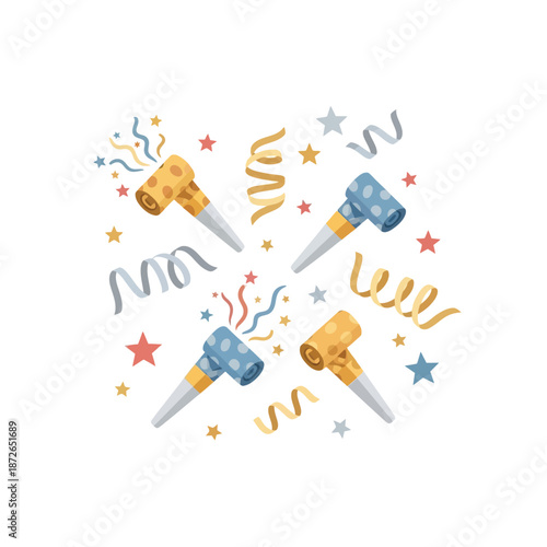 A festive illustration featuring four party blowers, confetti, and streamers in gold, blue, and silver, celebrating an event.