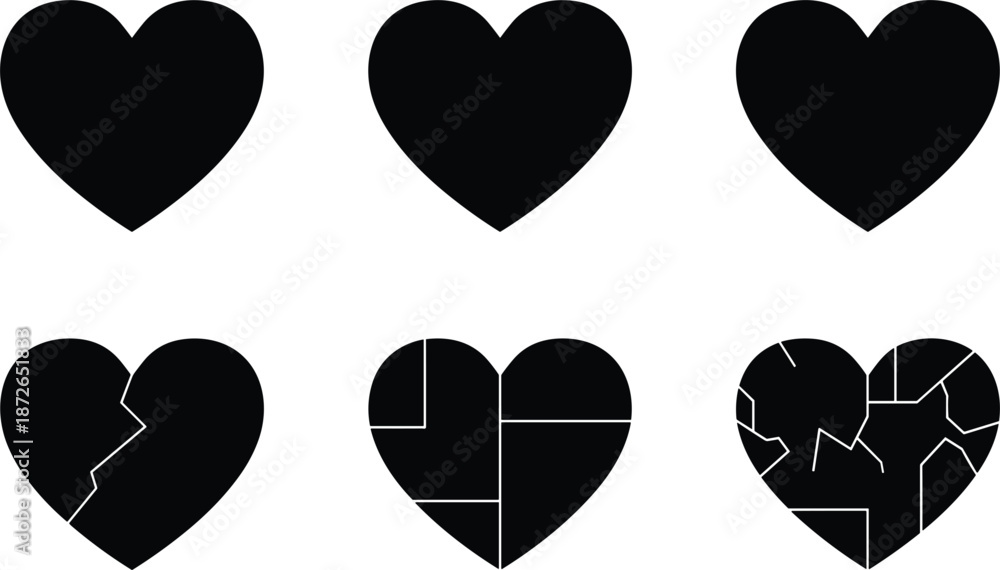 Φωτογραφία Set of black heart icons including broken and shattered heart silhouettes vector illustration for love heartbreak and emotion