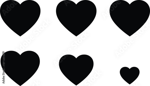 Set of six black heart silhouette icons in different sizes vector illustration for love romance health and wellness.