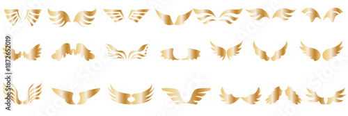 Gold angel wing silhouette icon . Collection of gold wing silhouettes showing different shapes and angles, ideal for design, tattoos, logos, and symbolic or fantasy concepts.

