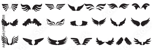 Black angel wing silhouette icon . Collection of black wing silhouettes showing different shapes and angles, ideal for design, tattoos, logos, and symbolic or fantasy concepts.

