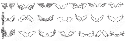 Black angel wing silhouette icon . Collection of black wing silhouettes showing different shapes and angles, ideal for design, tattoos, logos, and symbolic or fantasy concepts.

