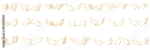Gold angel wing silhouette icon . Collection of gold wing silhouettes showing different shapes and angles, ideal for design, tattoos, logos, and symbolic or fantasy concepts.

