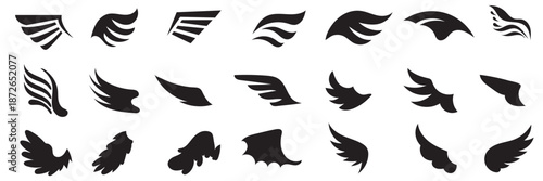 Black angel wing silhouette icon . Collection of black wing silhouettes showing different shapes and angles, ideal for design, tattoos, logos, and symbolic or fantasy concepts.

