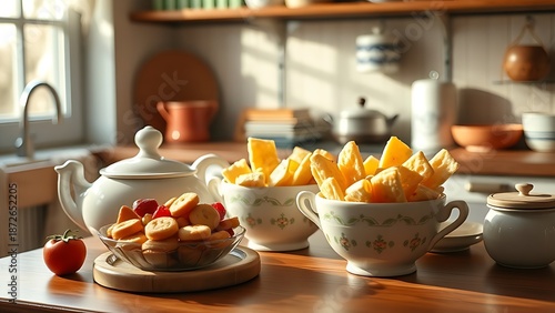 Vintage kitchenware holding handcrafted snacks, bathed in warm nostalgic light.
