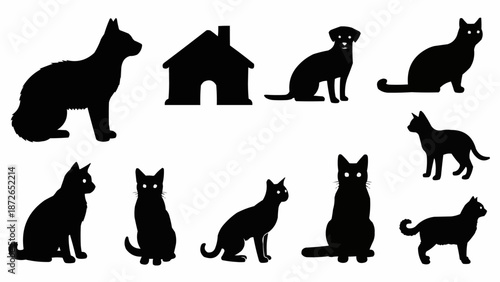 Collection of Black Cat Silhouettes in Various Poses.